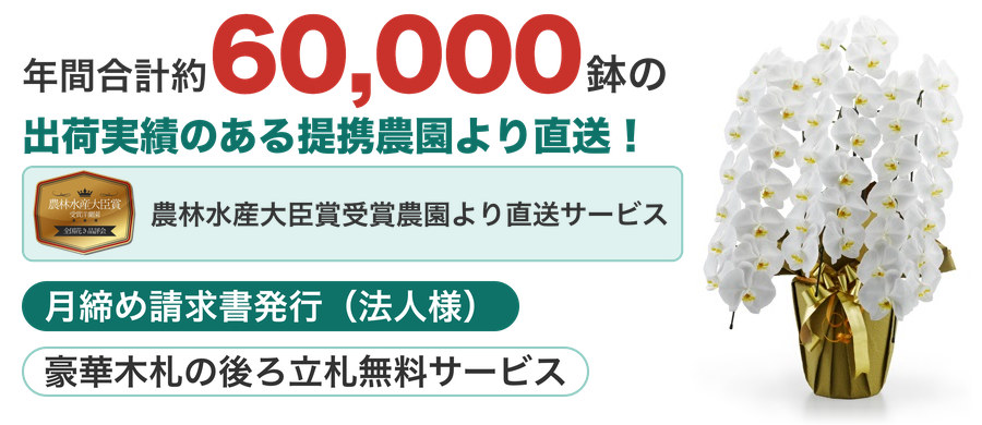 年間合計約60,000鉢の出荷実績のある提携農園より直送。農林水産大臣賞受賞農園より直送サービス、月締め請求書発行（法人様）、豪華木札の後ろ立札無料サービス